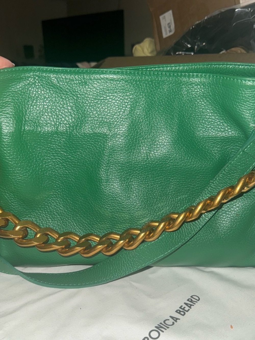 NWT Viola Castellani Emerald Green Leather Shoulder Bag with Gold Chain